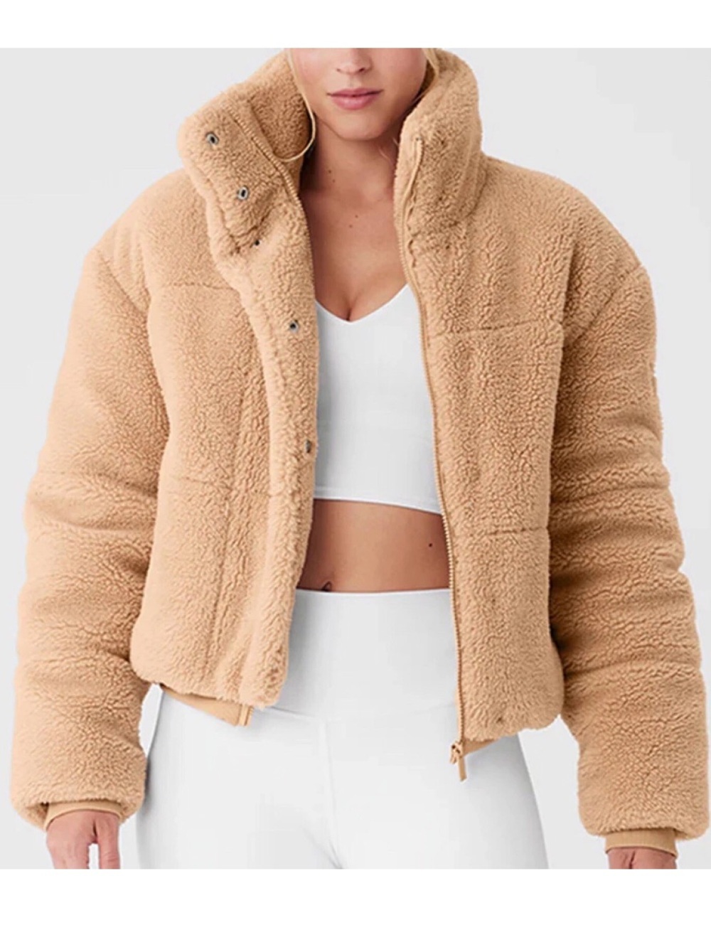 Alo Yoga Snow Angel Sherpa Puffer Jacket XS Beige Teddy Fleece Cropped